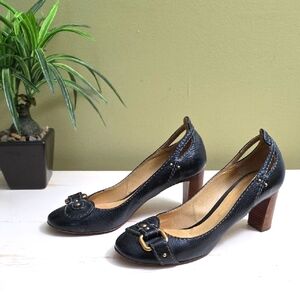 Chloe | Black Pebbled Leather Paddington Pumps with Gold Buckle Sz 37